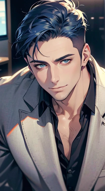 (best quality,4k,8k,highres,masterpiece:1.2),ultra-detailed,(realistic,photorealistic,photo-realistic:1.37),1 man,31 years old,mature man,very handsome,without expression,smile,short blue hair,blue eyes,penetrating gaze,perfect face without errors,imposing posture,businessman,office background,cinematic lighting,hdr image