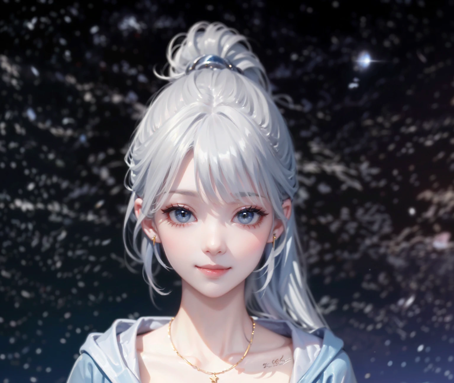 (((Correct anatomy)))，((Highest quality，masterpiece，一位Mature棕眼美女，Super thin air parted bangs，Light blue denim gray hooded jacket，Blue gray high ponytail super long straight hair，Double sideburn curly hair，Hair ends curled in，Exposed clavicle，Show all ears))，((Mature，Smile slightly，Look at the camera head-on))，((starry sky galaxy background))，Matte denim texture，Round simple earrings，xJ English letter feather tattoo，Gold thin round necklace