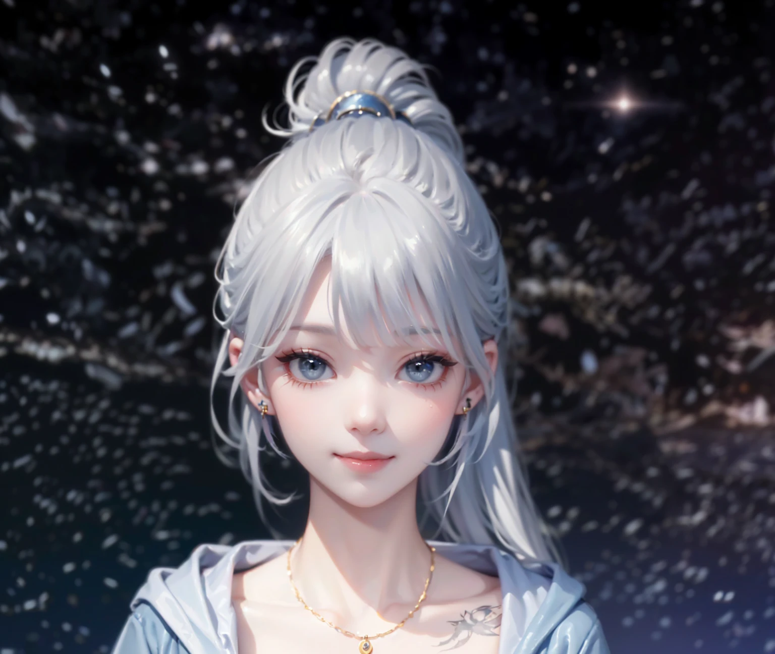 (((Correct anatomy))),((Highest quality,masterpiece,一位Mature棕眼美女,Super thin air parted bangs,Light blue denim gray hooded jacket,Blue gray high ponytail super long straight hair,Double sideburn curly hair,Hair ends curled in,Exposed clavicle,Show all ears)),((Mature,Smile slightly,Look at the camera head-on)),((starry sky galaxy background)),Matte denim texture,Round simple earrings,xJ English letter feather tattoo,Gold thin round necklace