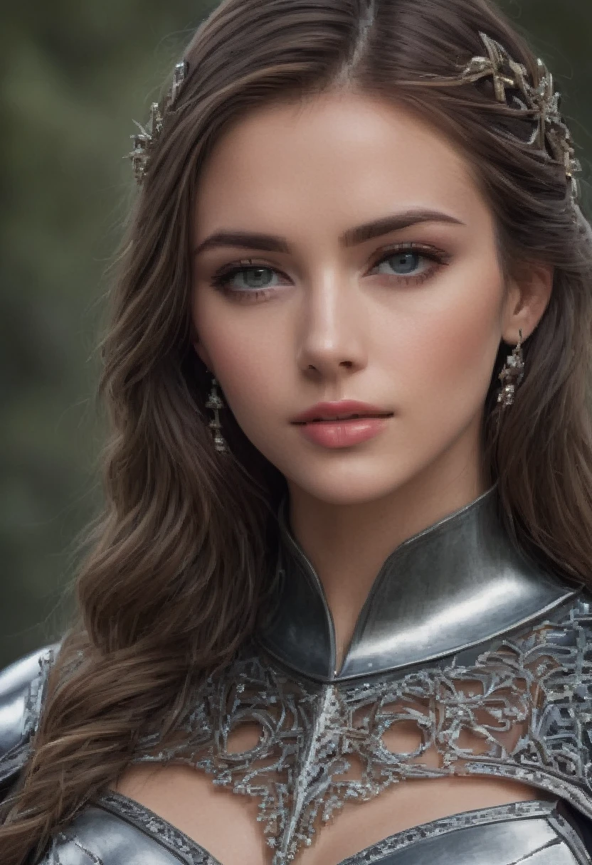 Beautiful and mesmerizing woman, perfect and expressive Greek style face, full mouth with gloss, greenish honey eyes, long flowing brown hair, fully detailed intricate metal and leather armor, showing her lithe form and long hair while emphasizing her athletic body figure perfect. The lighting captures the essence of his commanding presence in an epic battle across a medieval landscape at night. Cosmic, celestial, stars, galaxies, nebulae, planets, science fiction, highly detailed.