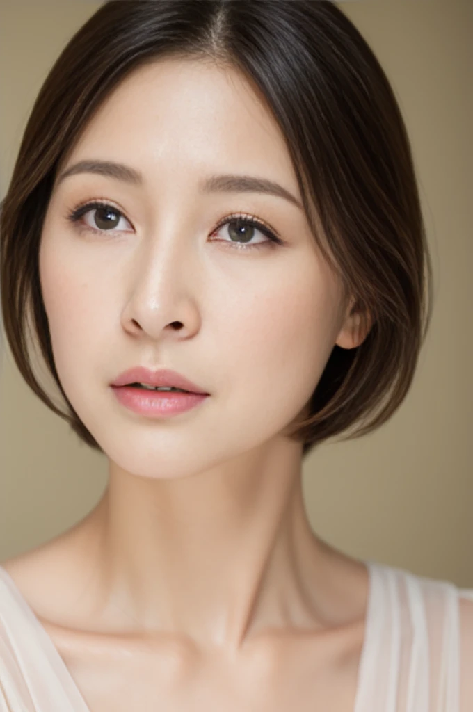 top-quality,40 year old woman,Colossal ,so short hair,well-muscled,Beautiful face,Slender eyes,Thick lip,Thin makeup,blusher,Realistic wrinkles,Exposing breasts,