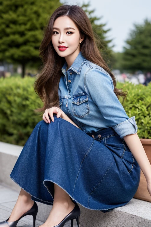 ((Highest quality、Ultra-high resolution、masterpiece、8k))、(Delicate face、Detailed eyes and face、double eyelid、Lustrous red lips)、Collared shirt、((Denim midi skirt))、(silk pantyhose)、High heels、Slender、Sharp long legs、Sitting pose、Happy expression、Large Breasts、Night in the background、Wind、Starry Sky、moon、((Full body portrait))