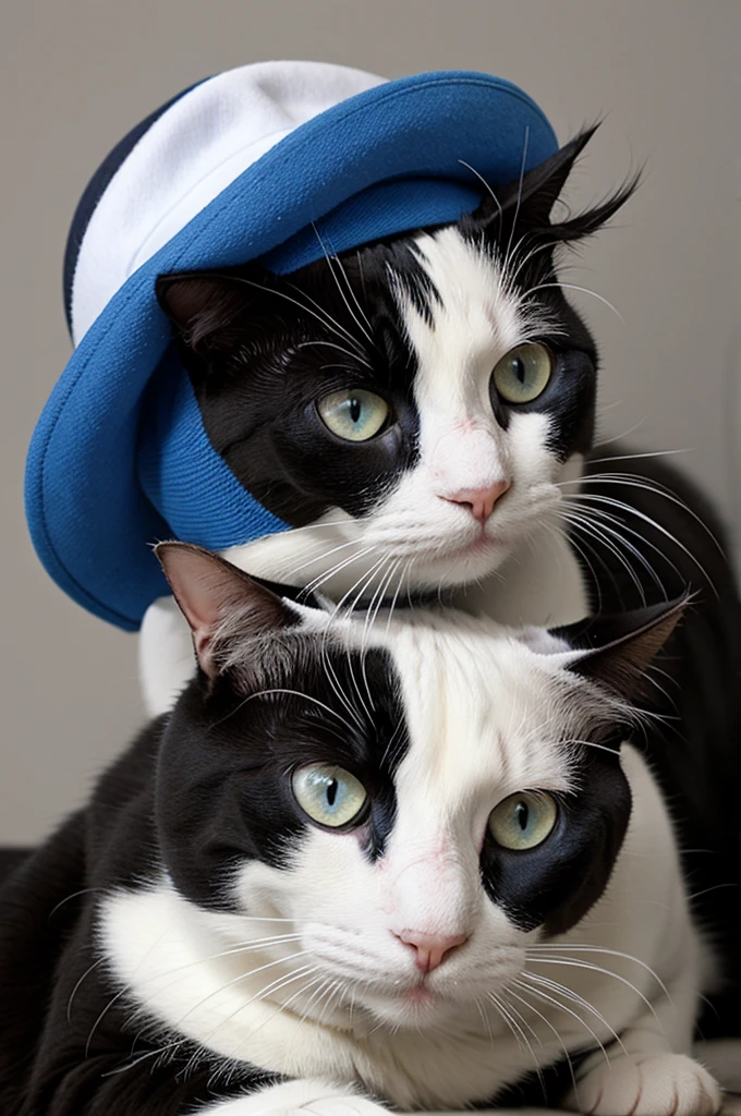 black and white cat with blue cap