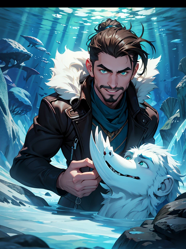 Dark blues colors. In the deep sea frozen waters, a boy is underwater. It is very dark, there is almost no light. He has brown hair held in a manbun, a short mustache and goatee, and green eyes. He has a very hooked nose and straight relaxed eyebrows. His face is gentle with angular bone structure and he's smiling gently. he wears fur and leather clothe. He wields water and ice magic around him.