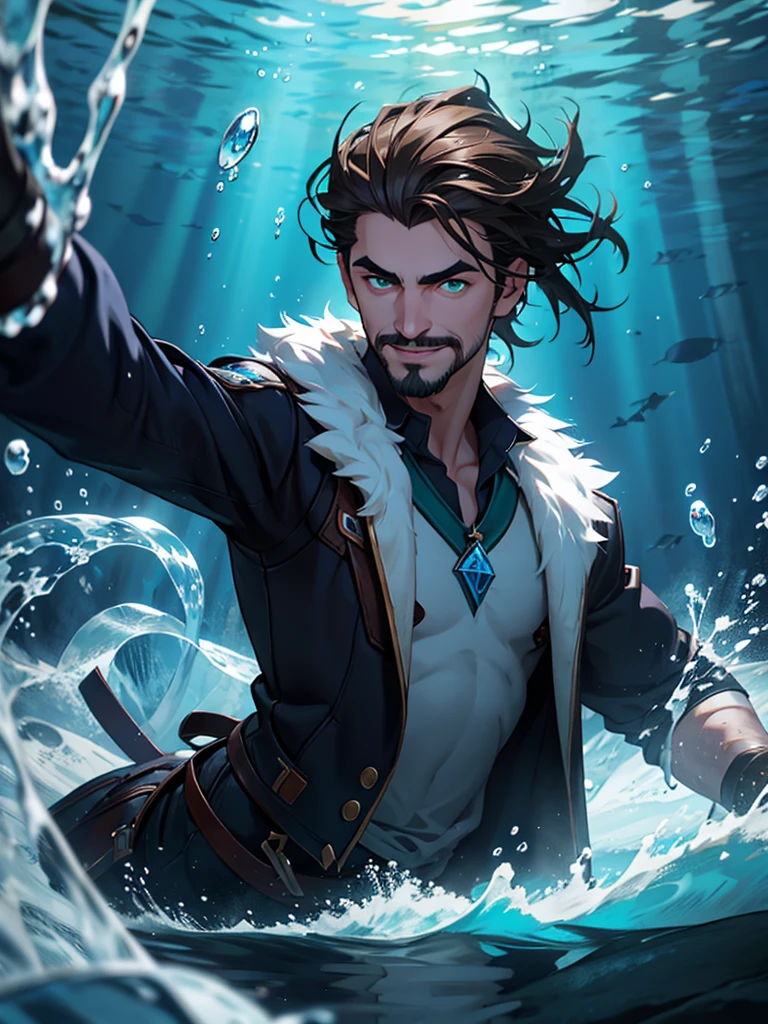 Dark blues colors. In the deep sea frozen waters, a boy is underwater. It is very dark, there is almost no light. He has brown hair held in a manbun, a short mustache and goatee, and green eyes. He has a very hooked nose and straight relaxed eyebrows. His face is gentle with angular bone structure and he's smiling gently. he wears fur and leather clothe. He wields water and ice magic around him.