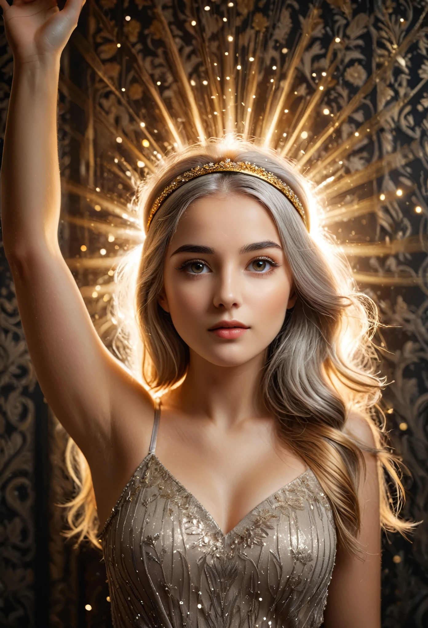 A beautiful girl with gray hair and golden hair, wearing a headband, standing in front of a wallpaper background, arm raised, with particles of light and side lighting, (best quality,4k,8k,highres,masterpiece:1.2),ultra-detailed,(realistic,photorealistic,photo-realistic:1.37),detailed facial features,beautiful detailed eyes,beautiful detailed lips,extremely detailed eyes and face,longeyelashes,warm lighting,volumetric lighting,cinematic lighting,dramatic lighting,intricate details,elegant,portrait,chiaroscuro