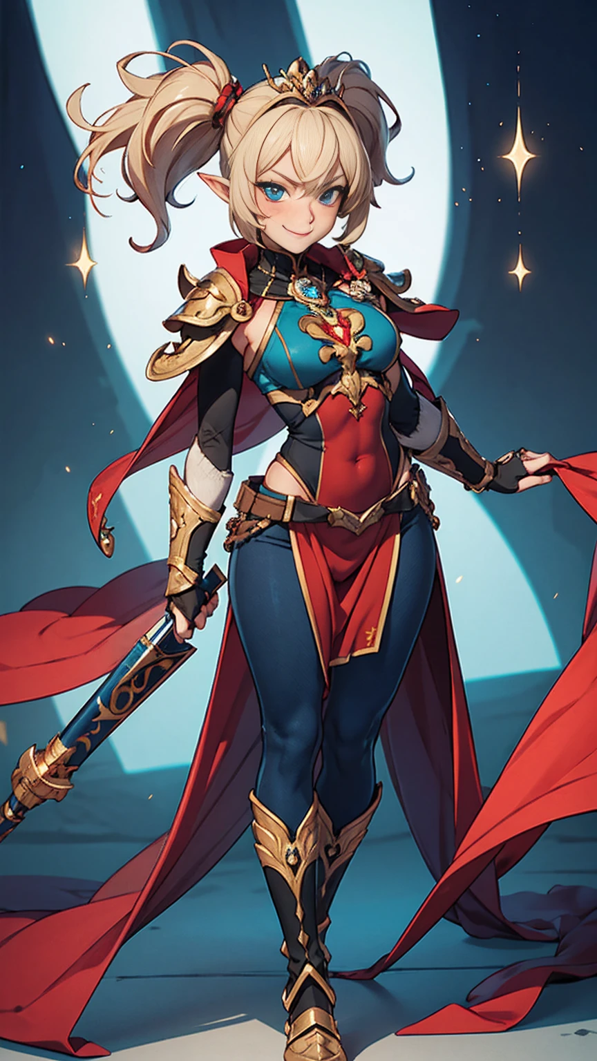 whole body, red breastplate, Redskin, looking at the viewer, bright,armor, Thighs, waders,shoulder armor, failures, Poland, gloves, gauntlets, Rerebrace armored boots, shoulder pads,(Masterpiece, Best Quality, ultra detailed, best shadow) yordle (1 girl)( Redskin:1.2) pointy ears muscular lean platinum blonde long twin-tails hairstyle at the office lustful smirking smile face red blushed, blush, strong abs, female bodybuilder, tiara, double hair drills