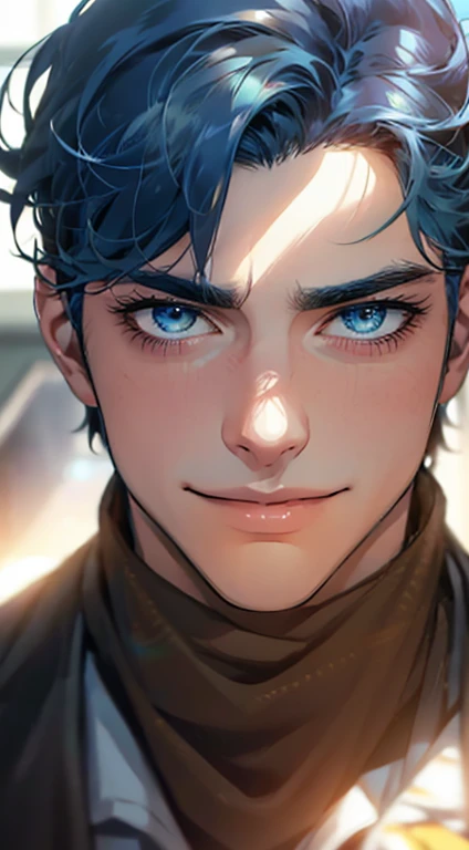 (best quality,4k,8k,highres,masterpiece:1.2),ultra-detailed,(realistic,photorealistic,photo-realistic:1.37),1 man,31 years old,mature man,very handsome,without expression,smile,short blue hair,blue eyes,penetrating gaze,perfect face without errors,imposing posture,businessman,office background,cinematic lighting,hdr image