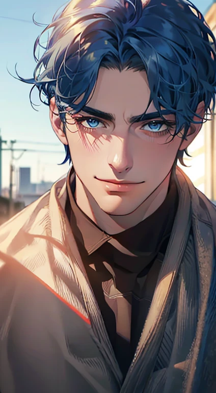 (best quality,4k,8k,highres,masterpiece:1.2),ultra-detailed,(realistic,photorealistic,photo-realistic:1.37),1 man,31 years old,mature man,very handsome,without expression,smile,short blue hair,blue eyes,penetrating gaze,perfect face without errors,imposing posture,businessman,office background,cinematic lighting,hdr image