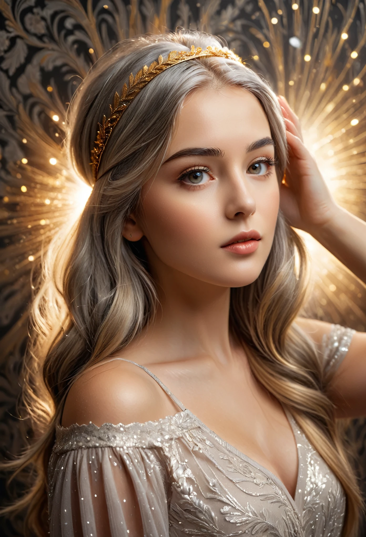 A beautiful girl with gray hair and golden hair, wearing a headband, standing in front of a wallpaper background, arm raised, with particles of light and side lighting, (best quality,4k,8k,highres,masterpiece:1.2),ultra-detailed,(realistic,photorealistic,photo-realistic:1.37),detailed facial features,beautiful detailed eyes,beautiful detailed lips,extremely detailed eyes and face,longeyelashes,warm lighting,volumetric lighting,cinematic lighting,dramatic lighting,intricate details,elegant,portrait,chiaroscuro