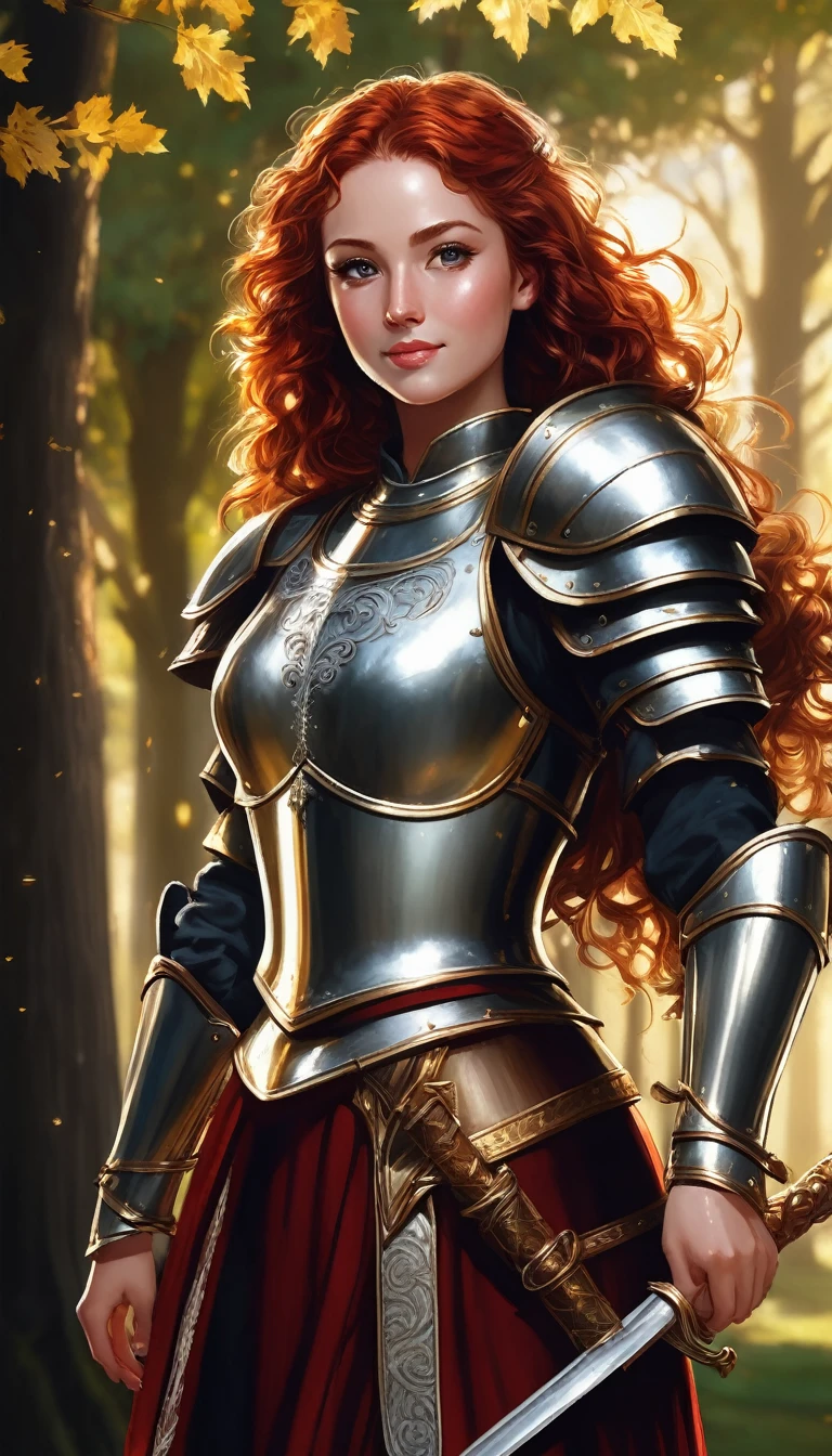 A brave medieval princess, beautiful in her red curly hair, rounded face, Toned body, tanned skin, toned fit armor, beautiful smile, beautiful big eyes, flushed cheeks, redhead, hair in the wind, amid oak trees, shiny breastplate, holds a long shining sword towards the sky, sparkling light, detailed gold and silver scratches on his armor, green leaves of trees, strong lighting, HDR, 4K, high contrast colors