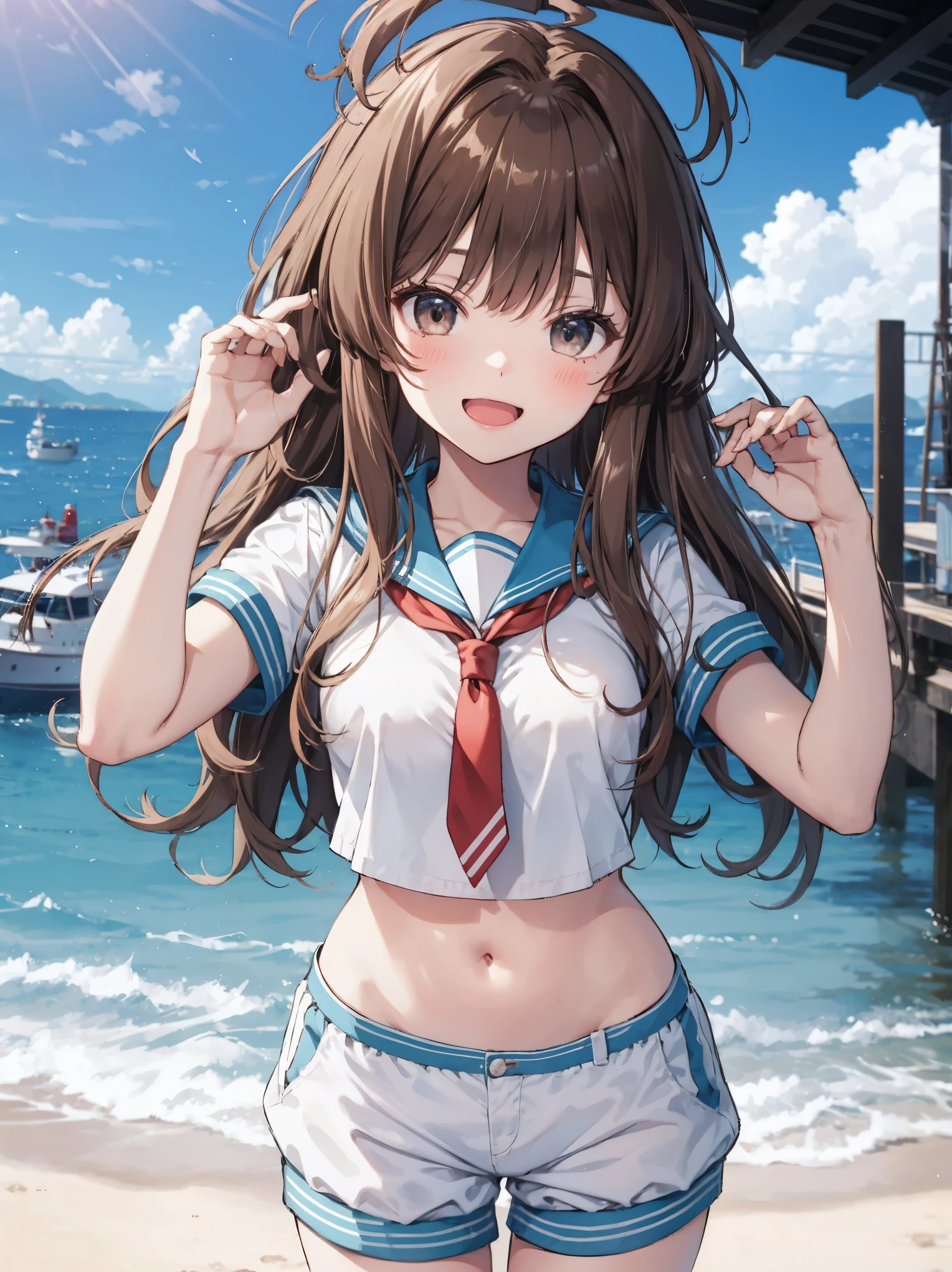 1young_teen_ girl,  brown_hair, long_hair, sailor_uniform,white_ baggy_shorts, short_sleeve, thighs, small_breasts, big_smile, open_mouth, standing, harbor_background, slightly_spread_legs, happiness, covered_crotch,ahoge,XD,exciting,dynamic_posing,solo,(navel:0.7)