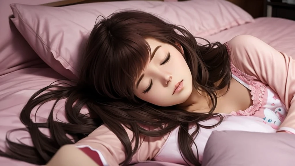 Sleeping girl, 22 years old, Realistic, Lie down in bed,Wear pink pajamas,Brown hair.