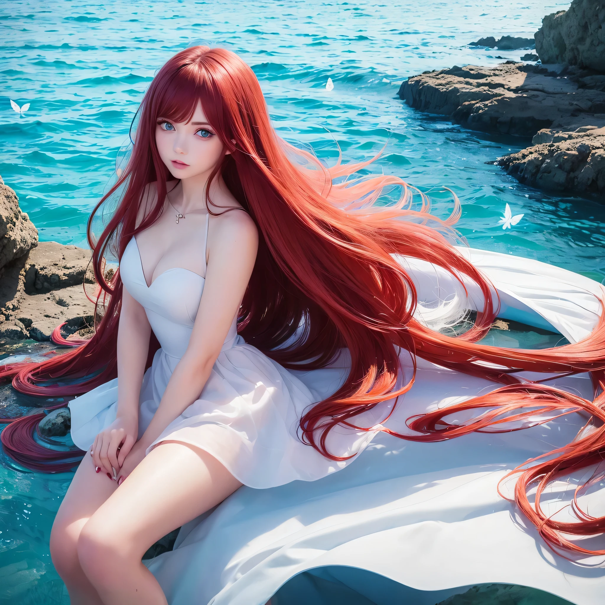 1girl, blue eyes, long eyelashes, red hair, long hair, young, beautiful face, sea background, white dress, butterflies around