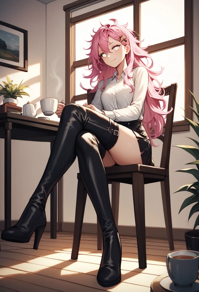score_9, score_8_up, score_7_up, score_6_up, score_5_up, score_4_up, source_anime, 1girl, sit, chair, table, hairpin, pink hair, long hair, white eyes, playing acoustic guitar, messy hair, white shirt, leather skirts, thigh high boots, crossed legs, black boots, living room, windows, tea, evening, best quality, best res, 4K UHD,