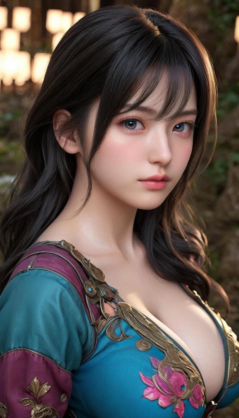 (masterpiece, best quality:1.2) Immerse yourself in the world of game art with this visually diverse and creative half-length photo of a 20-year-old girl, featuring a close-up of her detailed eyes and large breasts.