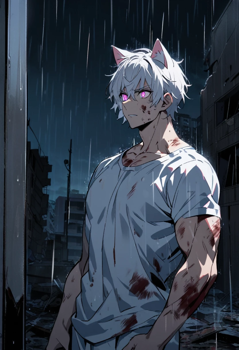 1 men, short white hair, pink eyes, Kitten ears, Hospital Clothes Slightly muscular body, at night, raining, front view, Top of a destroyed building, bruised and bloody body