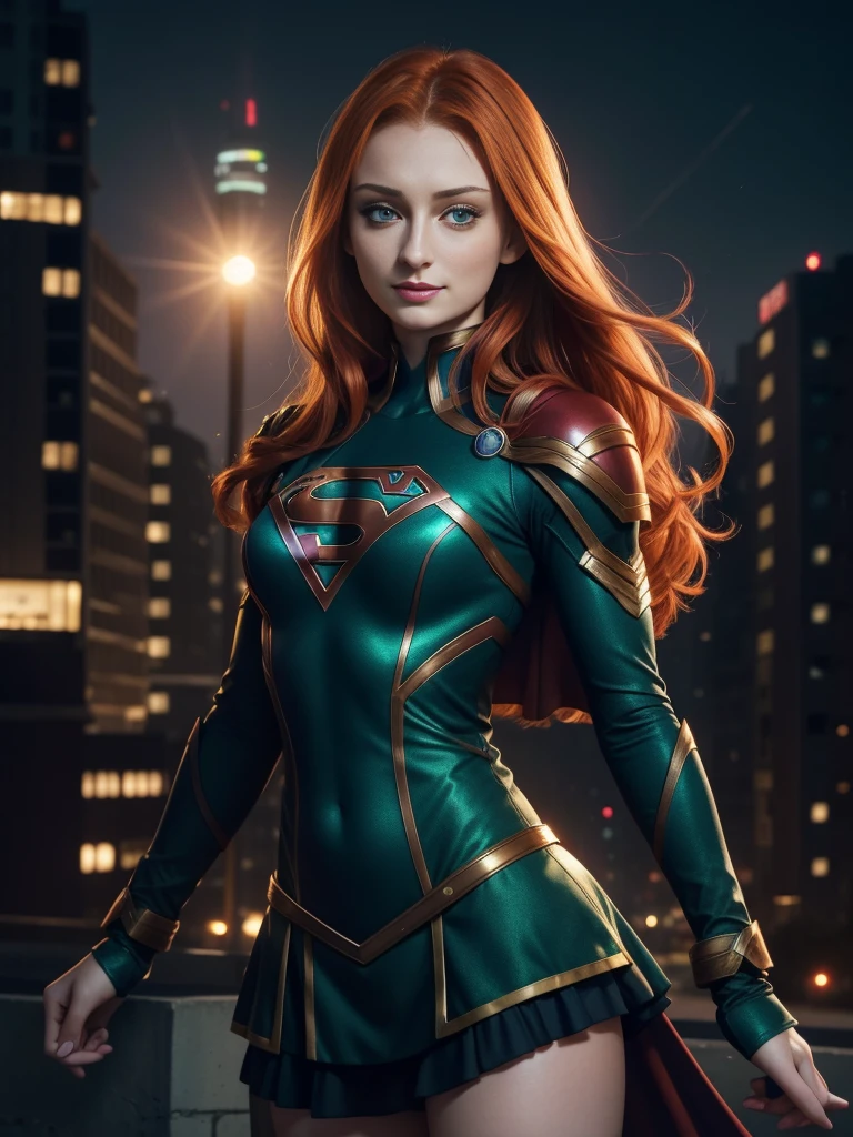 SOPHIE TURNER, supergirl, supergirl costume, anime, medium , perfect face, ginger hair, perfect hands, 5 fingers, seducing smile, v4, 8k, small breasts, (upper body view), light green eyes, Emerald eyes, symbol-shaped pupils, (background: on city building), night light, night, jim lee,