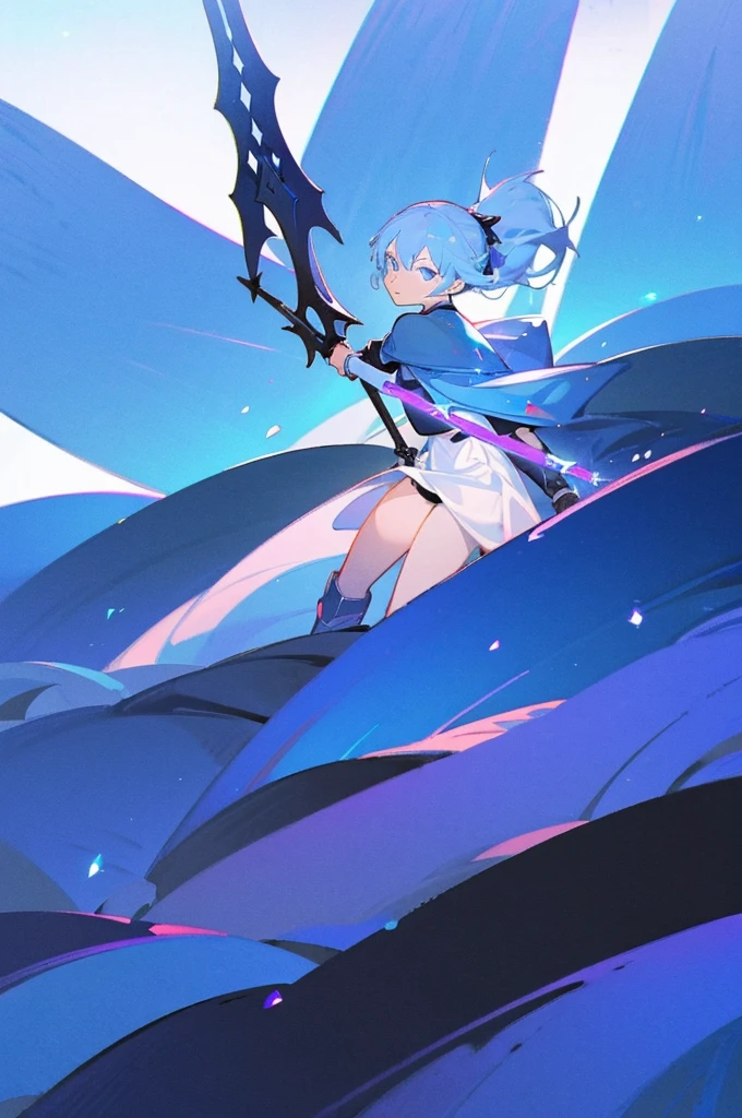 ((science fiction space fantasy)), A badass tall woman, (A female commander), ((a leader of a fleet of intergalactic armies)), White high ponytail with a glowing light blue highlights at the ends, Wielding a sword with deep blue aura, the mystical blade in her hand emitting a bright contrast blue light with a ray of energy, a futuristic intergalactic military uniform, Wearing Black shorts exposing the thighs, with a captain hat, a long simple dark boots. A masterpiece illustration, a light novel cover, best quality, best detail(Light novel illustrations), Arknights style, masterpiece, high quality, detailed.