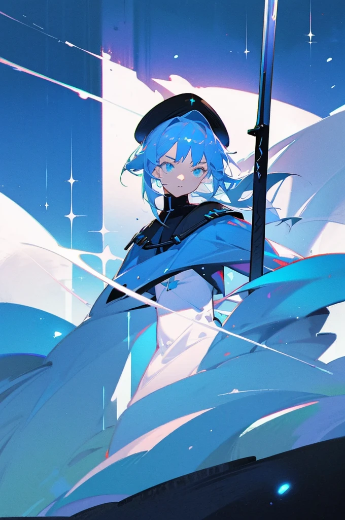 ((science fiction space fantasy)), A badass tall woman, (A female commander), ((a leader of a fleet of intergalactic armies)), White high ponytail with a glowing light blue highlights at the ends, Wielding a sword with deep blue aura, the mystical blade in her hand emitting a bright contrast blue light with a ray of energy, a futuristic intergalactic military uniform, Wearing Black shorts exposing the thighs, with a captain hat, a long simple dark boots. A masterpiece illustration, a light novel cover, best quality, best detail(Light novel illustrations), Arknights style, masterpiece, high quality, detailed.