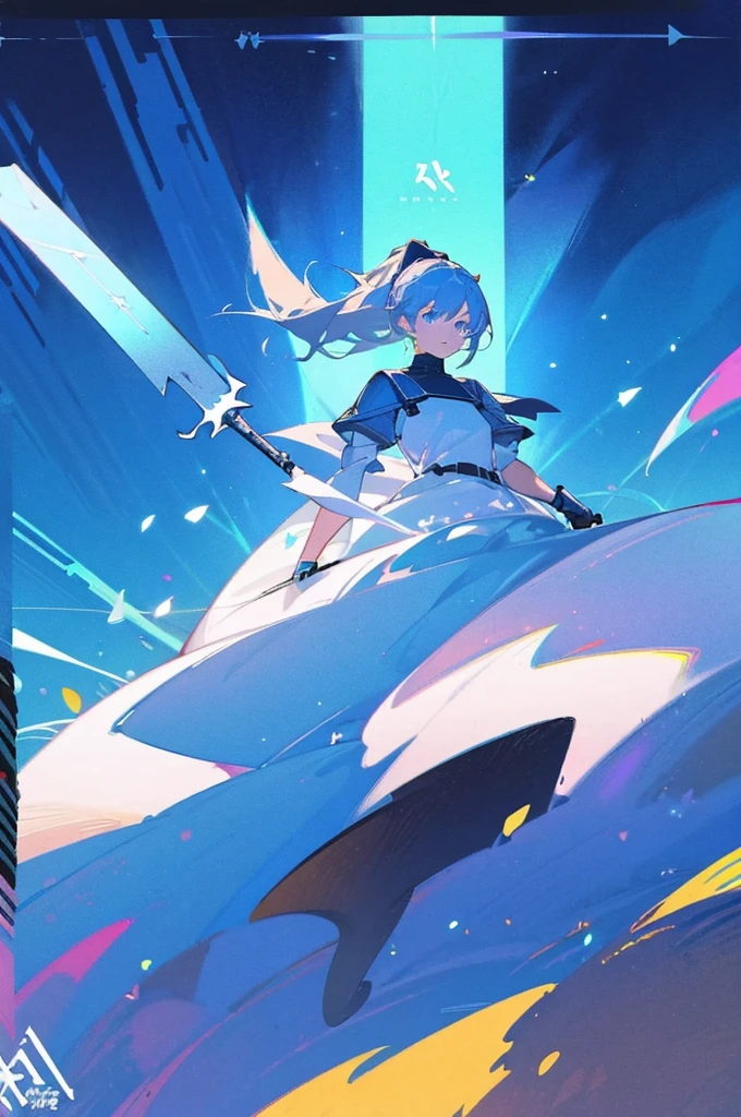 ((science fiction space fantasy)), A badass tall woman, (A female commander), ((a leader of a fleet of intergalactic armies)), White high ponytail with a glowing light blue highlights at the ends, Wielding a sword with deep blue aura, the mystical blade in her hand emitting a bright contrast blue light with a ray of energy, a futuristic intergalactic military uniform, Wearing Black shorts exposing the thighs, with a captain hat, a long simple dark boots. A masterpiece illustration, a light novel cover, best quality, best detail(Light novel illustrations), Arknights style, masterpiece, high quality, detailed.