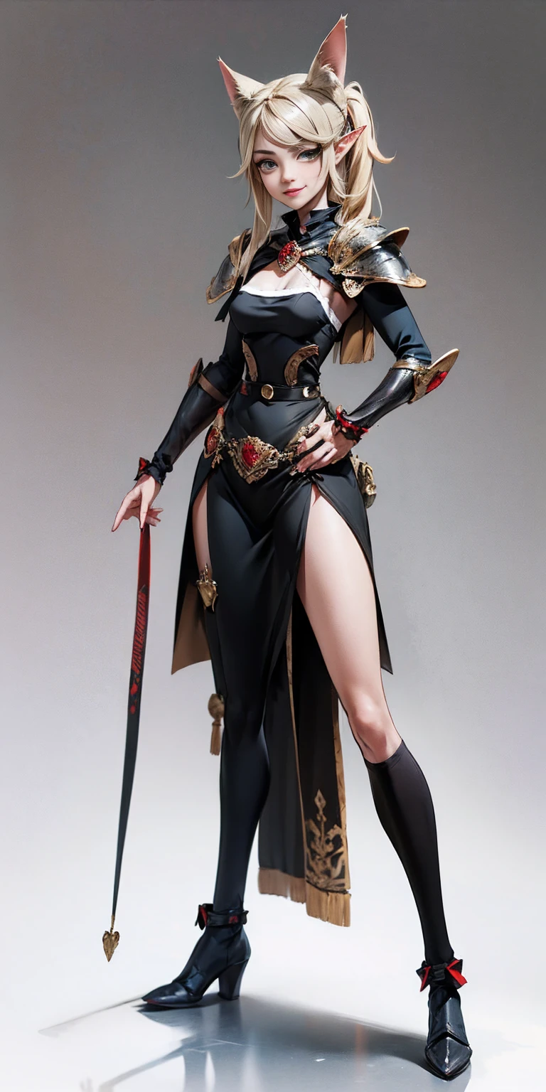 ((Full body photo,standing, feet on the ground)), full body, whole body. 1solo (girl) hands on sides, (masterpiece), ultra-detailed, 1girl, detailed eyes, medium breasts, gray background, (full body), green eyes, gray background, full plate armor, confident smile, staring at the viewer, blond hair in a ponytail, standing, elf, elf ears