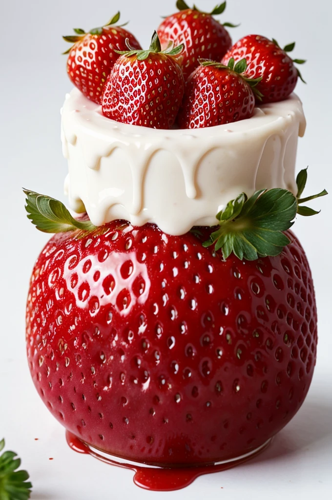 3 strawberries, covered in strawberry syrup, White background, front view, realisitic