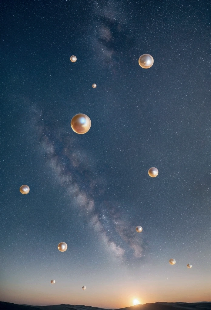 In white space，There are many pearls of different sizes floating in the air.，Head-up view