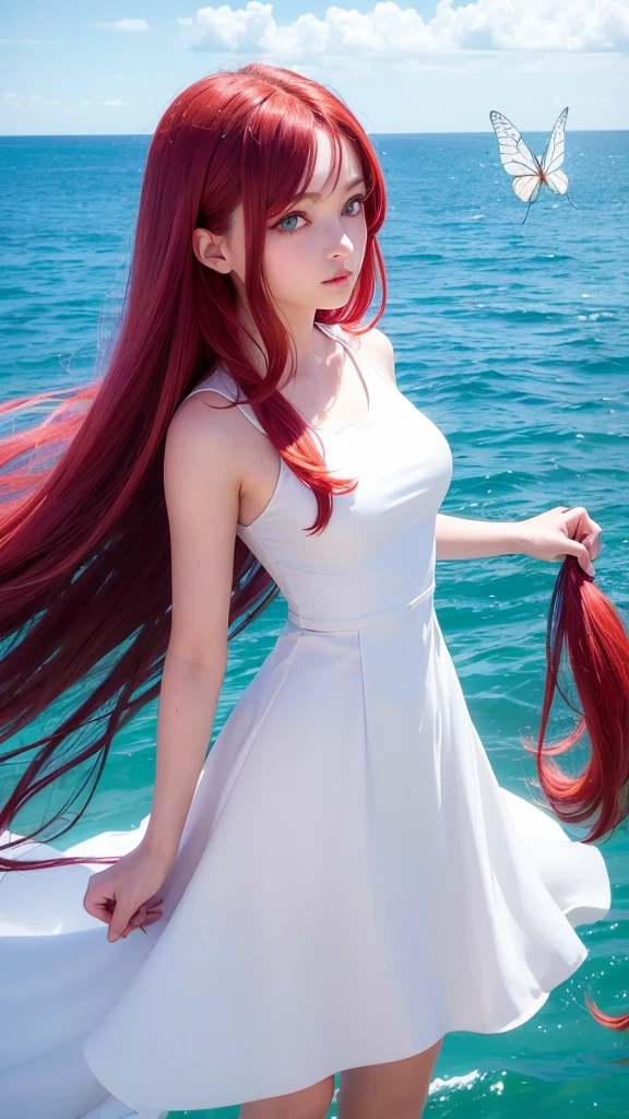 1girl, blue eyes, long eyelashes, red hair, long hair, young, beautiful face, sea background, white dress, butterflies around