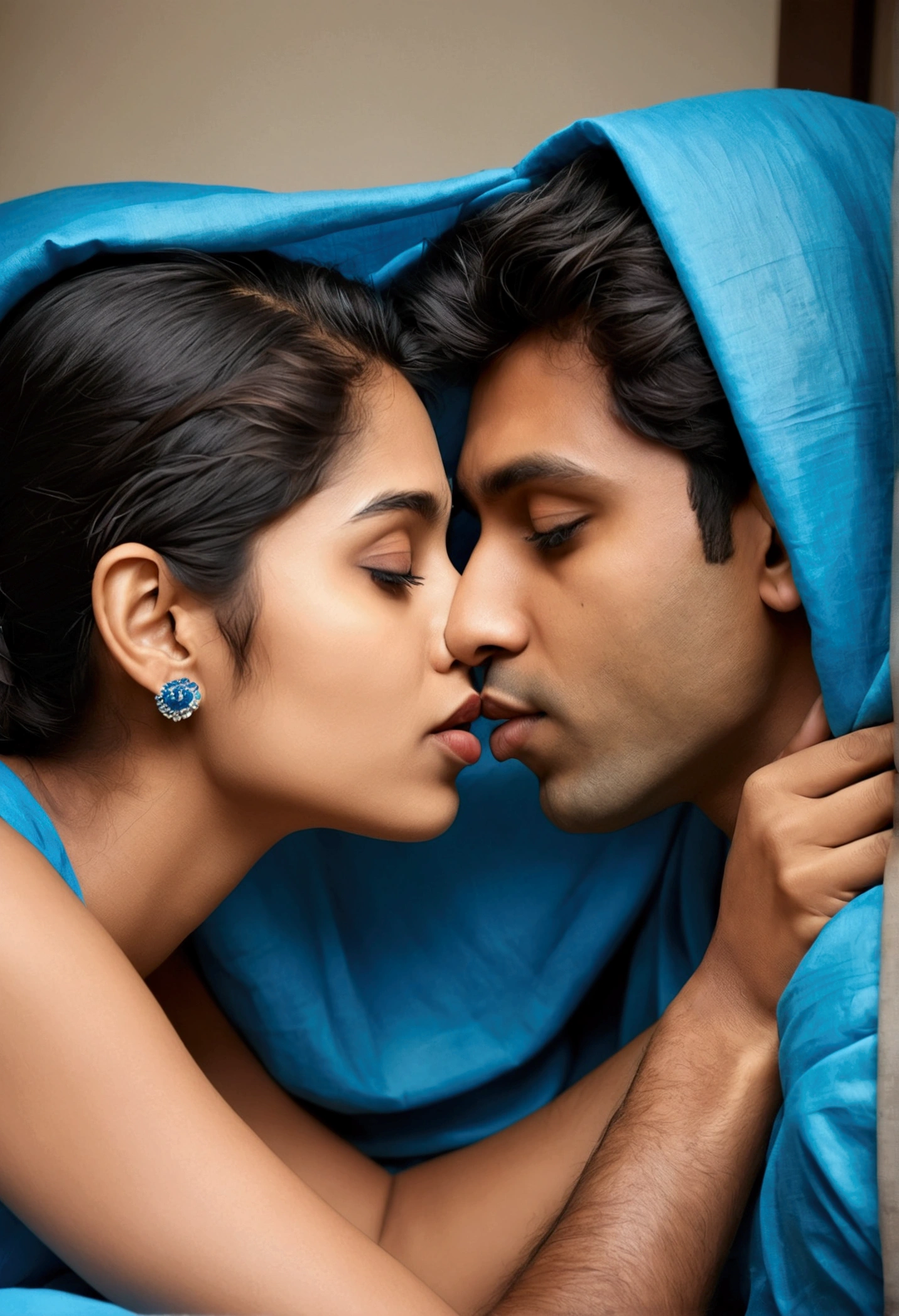 Draw a picture of 2 indian couples at their early 20s sharing a bed with a small blue bedsheet and kissing each other. Realistic image, both should kiss each other's lips passionately. Hd realistic and there should be originality as if they are real people.