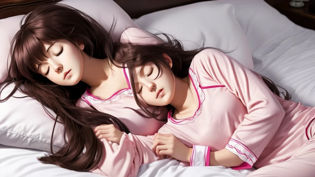 Sleeping girl, 22 years old, Realistic, Lie down in bed，Wear pink pajamas，Brown hair.