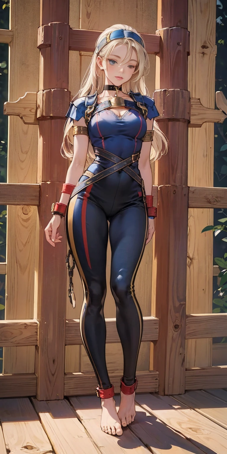 ((Full body photo,standing, feet on the ground)),  (masterpiece, best quality), intricate details, 1girl, Cammy White from Street Fighter (standing full body toe to head by wooden pole:1.2) iron collar, arms behind back, iron cuffs, shackles, bound, bondage outfit, harness, O-ring, bondage outfit blindfolded cover eyes, happy red cheeks, chain leash collar choker neck bell shackles wristbands bracers bracelets, cleave gag