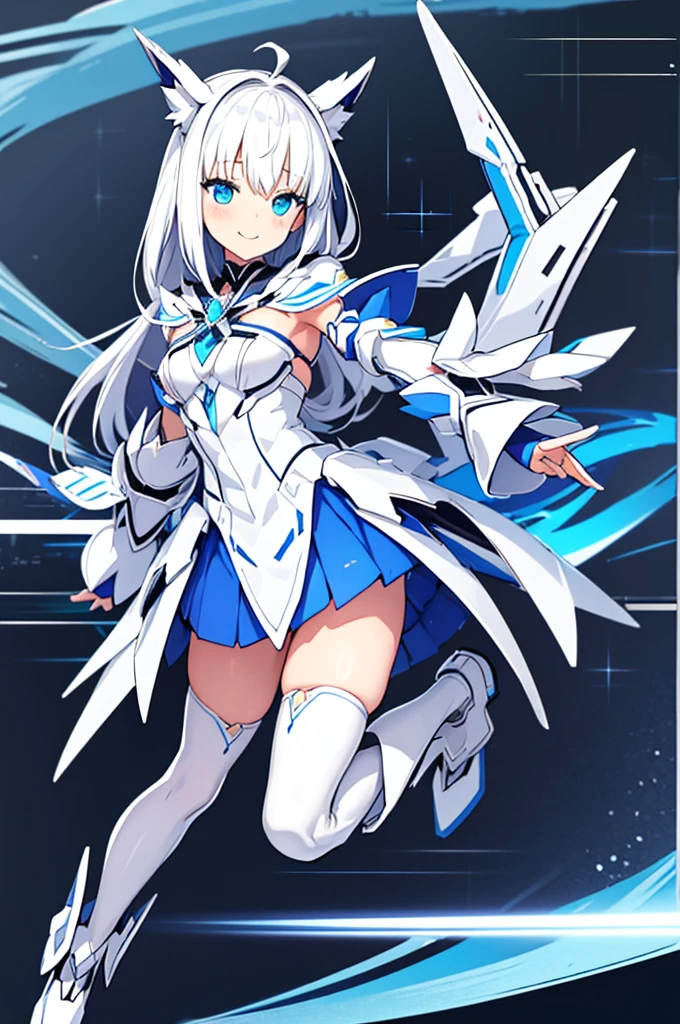 Mecha Wings、White and blue skirt、Accentuated thighs、White tights、chest、Beautiful white hair、1 girl、solo girl、Thick thighs、is、Frame Arms Girl、Alice Gere Aegis、White Armor、Blue and purple lines、income、headphone、hand on own chest、smile