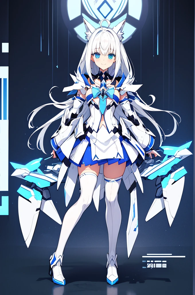 Mecha Wings、White and blue skirt、Accentuated thighs、White tights、chest、Beautiful white hair、1 girl、solo girl、Thick thighs、is、Frame Arms Girl、Alice Gere Aegis、White Armor、Blue and purple lines、income、headphone、hand on own chest、smile