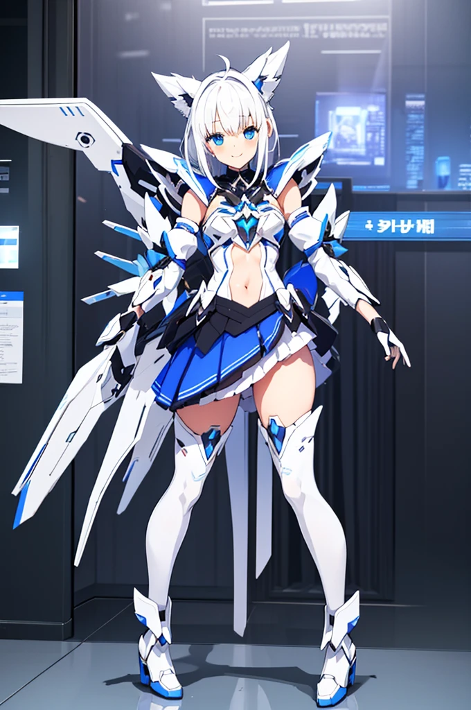 Mecha Wings、White and blue skirt、Accentuated thighs、White tights、chest、Beautiful white hair、1 girl、solo girl、Thick thighs、is、Frame Arms Girl、Alice Gere Aegis、White Armor、Blue and purple lines、income、headphone、hand on own chest、smile