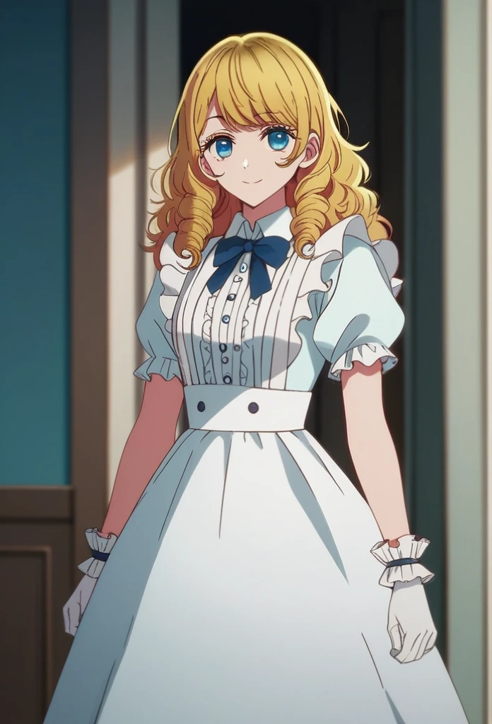 oshi_no_ko_style,blonde curls,sidecurls,fluffy fringe bangs,blue eyes,long eyelashes,cowboyshot,standing,,soft smile,long hair,masterpiece,highres,absurdres,white puffy short sleeves,collared dress,suspender dress,solo,frilled cuffs,frilled blouse,,,light blue pinafore dress,frilled wristgloves,