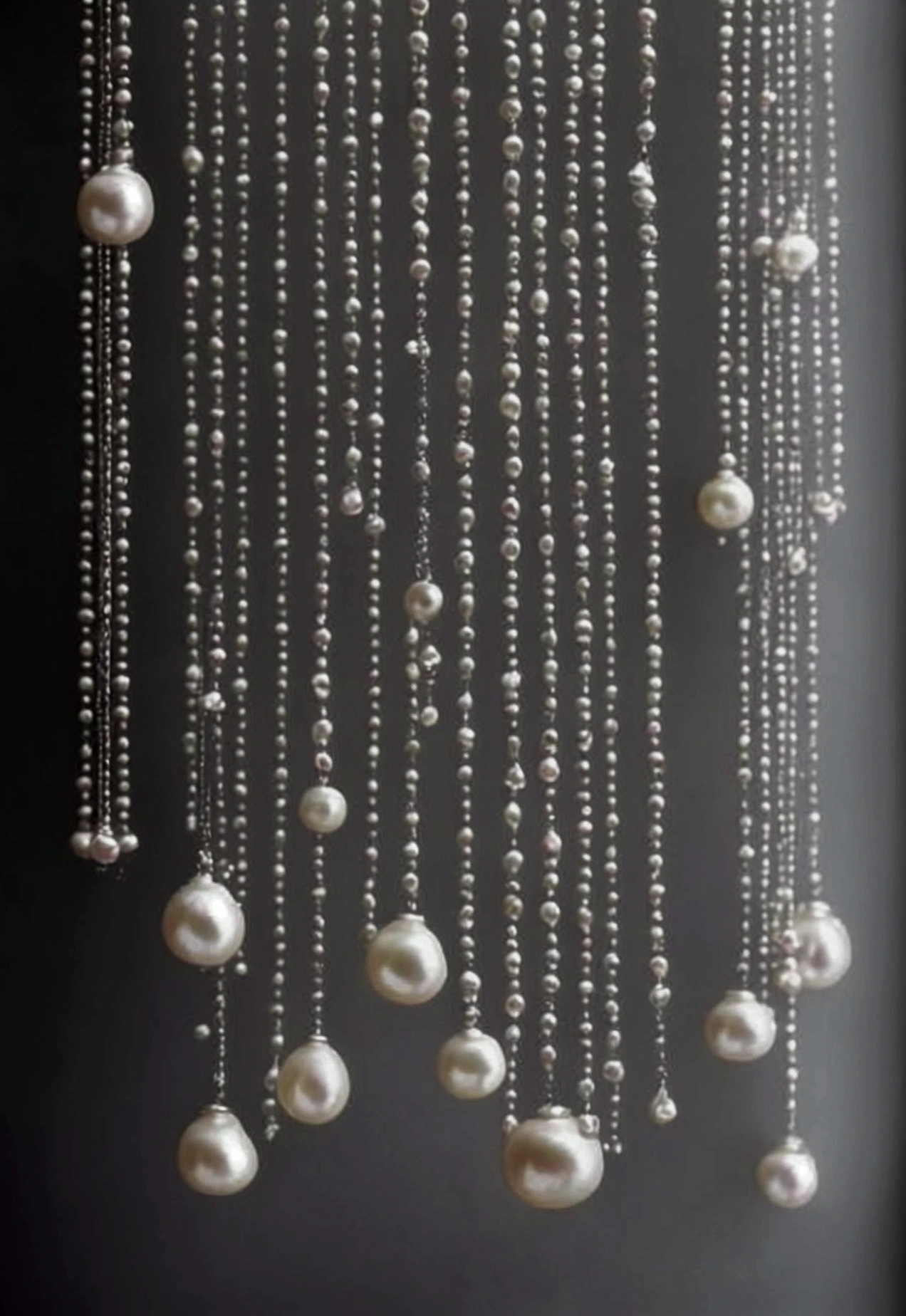 In the white room，There are many pearls of different sizes hanging in the room.，Head-up view