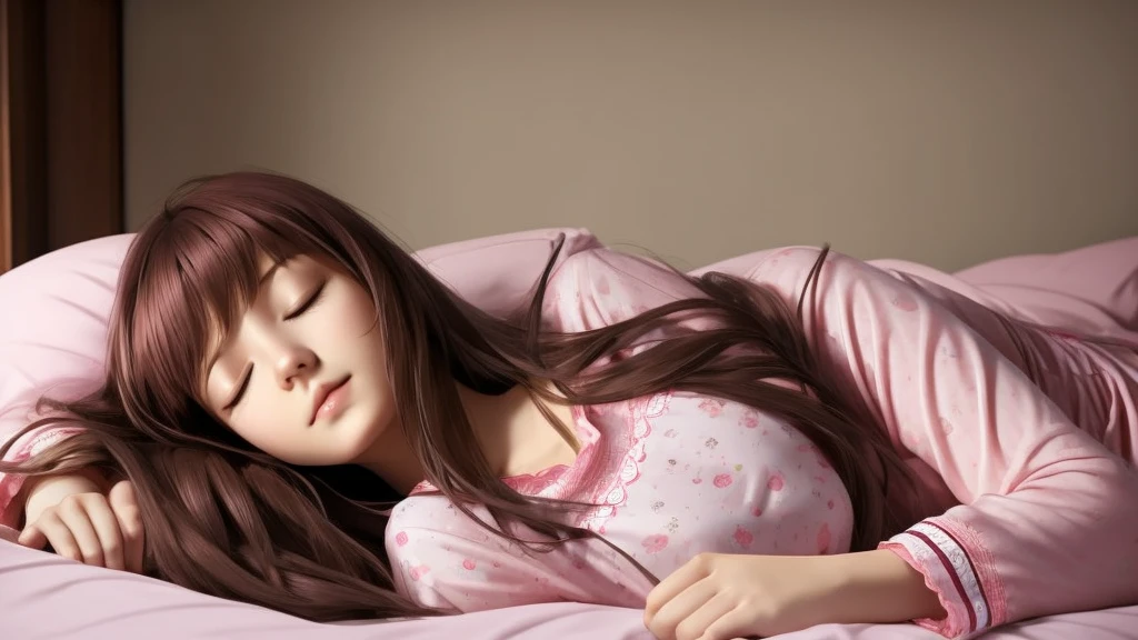 Sleeping girl, 22 years old, Realistic, Lie down in bed，Wear pink pajamas，Brown hair.