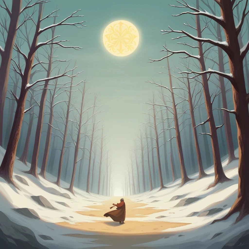 "In a dense forest of tall trees, a sandy road winds across the horizon, Illuminated by the soft light of the full moon on a winter night. the trees, whose bare branches reach out like skeletal hands, are covered by a thin layer of snow, creating a silent and ethereal setting. The road is marked by ancient stones with carved symbols, suggesting that this route is as old as time itself.
Ao longo da estrada, the snow shines under the moonlight, while deep shadows form between the tree trunks, hiding ancient secrets. Little snowflakes fall gently, dancing in the wind like guardian spirits of the path. On the sand floor, Light signs of footprints appear intermittently, Shining with a soft and magical light, guiding travelers on their route.
As the road progresses, it narrows between ice-covered rock formations that seem to whisper stories of ancient travelers and unknown dangers. At some points, lit torches mark the path, its flickering flames reflecting off the runes etched into the stones, offering a faint and mysterious light.
In the sky, stars start to appear, shining like jewels upon the vast carpet of snow, guiding travelers along the arcane path. The atmosphere is filled with reverent silence, interrupted only by the gentle sound of the wind and the occasional rustle of snow underfoot."