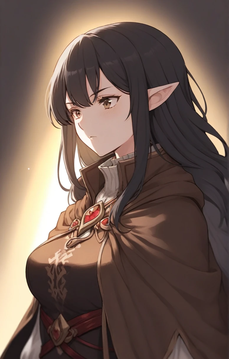 half elf, mature woman, dnd, adventurer, brown cloak, elegant, long black hair, flat chest , sun light, bust shot