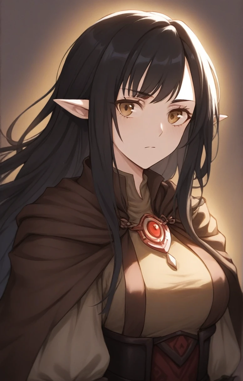 half elf, mature woman, dnd, adventurer, brown cloak, elegant, long black hair, flat chest , sun light, bust shot