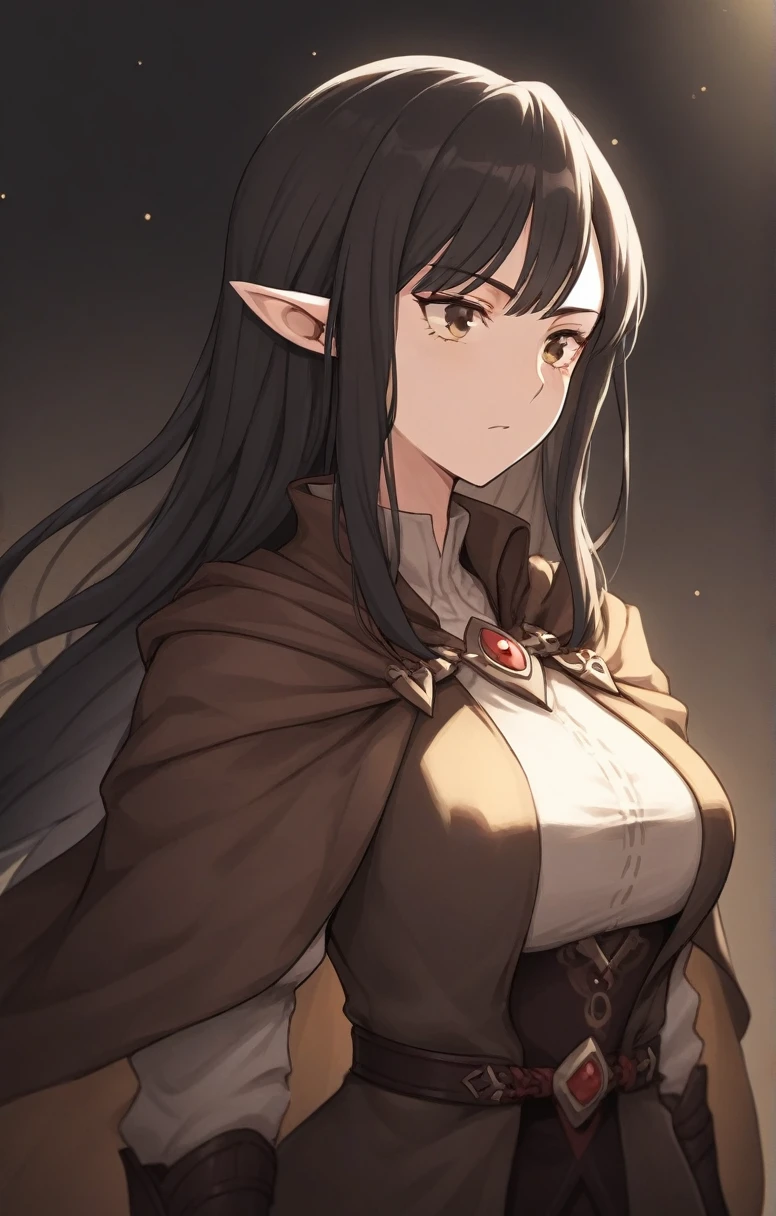 half elf, mature woman, dnd, adventurer, brown cloak, elegant, long black hair, flat chest , sun light, bust shot