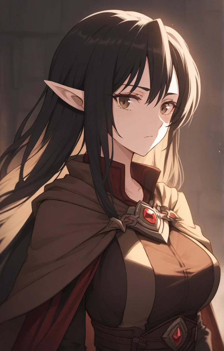 half elf, mature woman, dnd, adventurer, brown cloak, elegant, long black hair, flat chest , sun light, bust shot