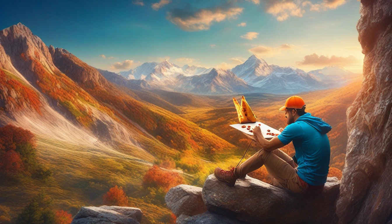 A colorful and eclectic photograph in a photorealistic and cinematic style. A climber hanging in the middle of climbing a very high mountain, enjoying a small and single slice of pizza at a stop, seen in full body, further away on the screen, from head to toe. The climber is holding the small slice of pizza with one hand and the slice has hot cheese melting and oozing out. In the background there is a mountain range and the sky is very blue and illuminated by the bright sun. A playful and magical atmosphere, the work presents a layered, three-dimensional quality, as if different elements had been glued to the canvas in a natural and realistic way. The composition evokes a feeling of introspection and complexity of thought. The mixed media feel of the piece contributes to the tactile and immersive experience, inviting the viewer to explore the depths of the climber's thoughts and emotions. Add more, photo, fashion, vibrant, 3D rendering, cinematic, landscape.