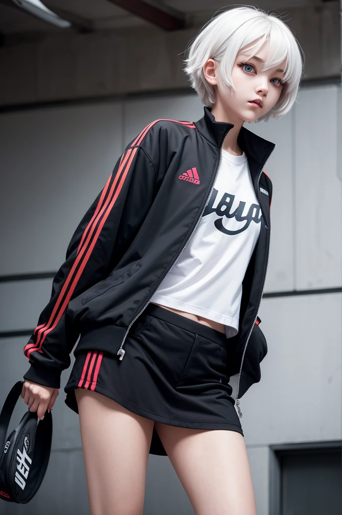 Half-Demon Girl, short white hair, tomboy, eyes black, sports jacket
