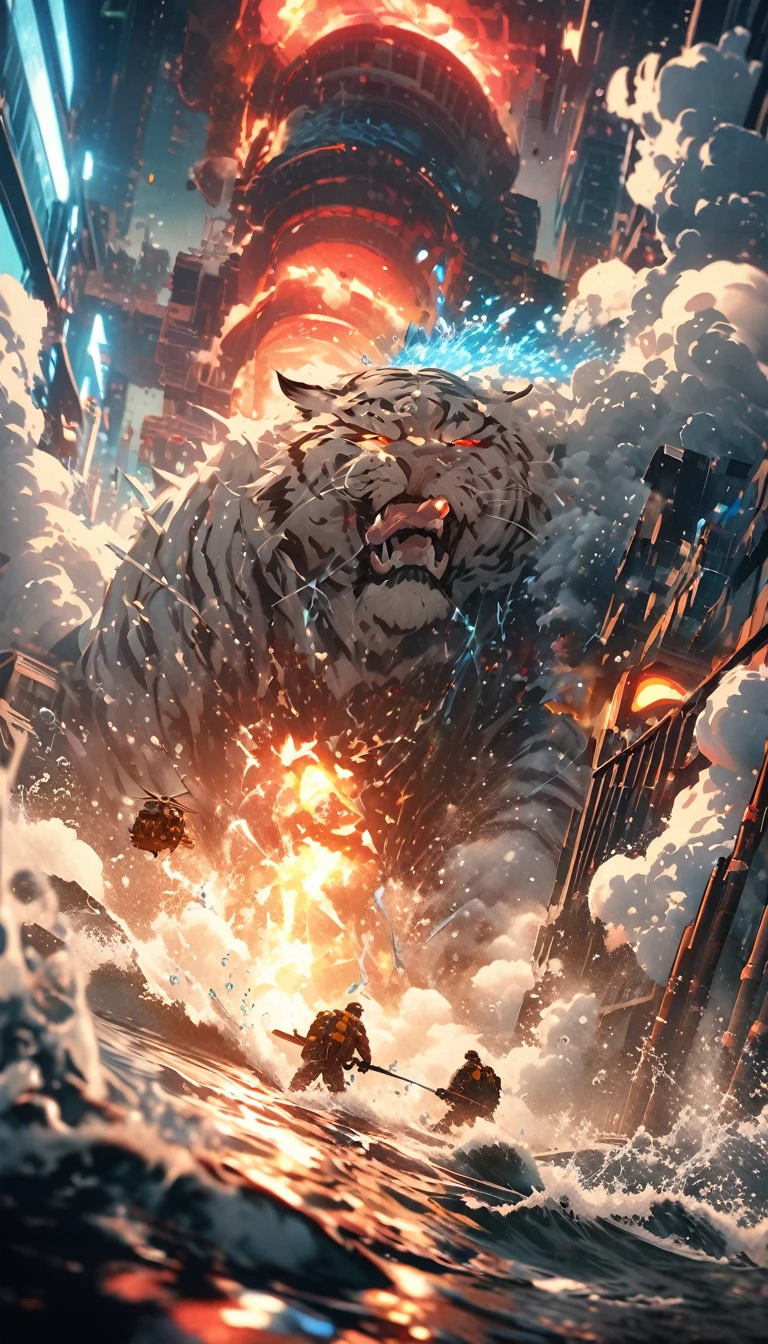 Flat coating,Vector illustration,Celluloid style,Rich details,Angry super monster white tiger looking down at the small city below him,Exudes a cold breath,(((There are ice crystals on the back full of blue energy))),((Glow Effect)),Huge waves hit the city,explode,Red light rushes into the sky,Thick smoke,Damaged and collapsed buildings,Water accumulation,Stone,exposed steel bars,Electric Spark,Dynamic perspective,rich and colorful,Rescue helicopters,Depth of Field,light,Super Fine