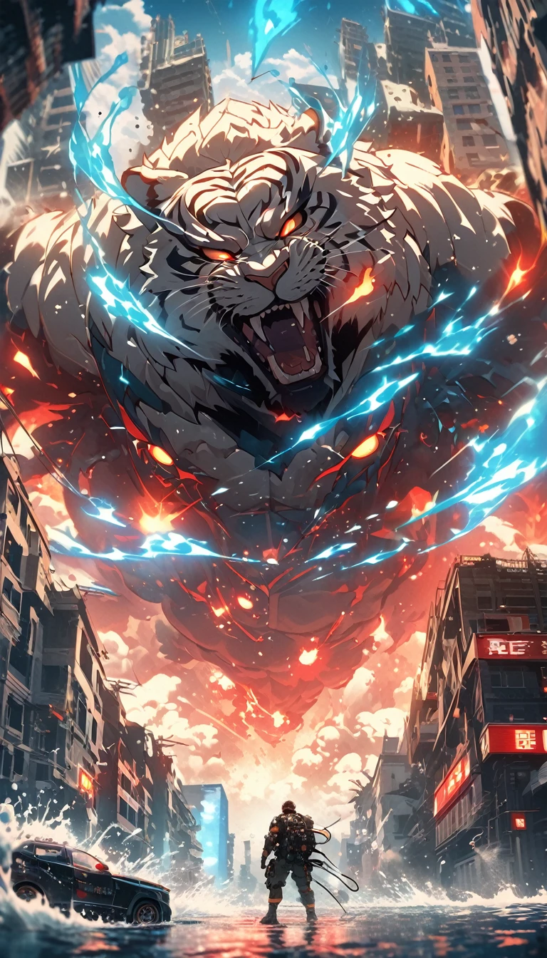 Flat coating，Vector illustration，Celluloid style，Rich details，Angry super monster white tiger looking down at the small city below him，Exudes a cold breath，（（（There are ice crystals on the back full of blue energy））），（（Glow Effect）），Huge waves hit the city，explode，Red light rushes into the sky，Thick smoke，Damaged and collapsed buildings，Water accumulation，Stone，exposed steel bars，Electric Spark，Dynamic perspective，rich and colorful，Rescue helicopters，Depth of Field，light，Super Fine