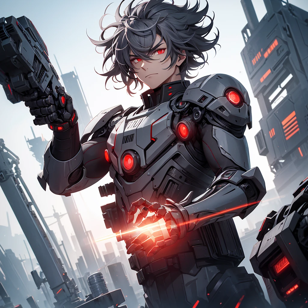 red-eyed futuristic cowboy man, dark gray hair, one of his arms is mechanical. he must be in a futuristic setting