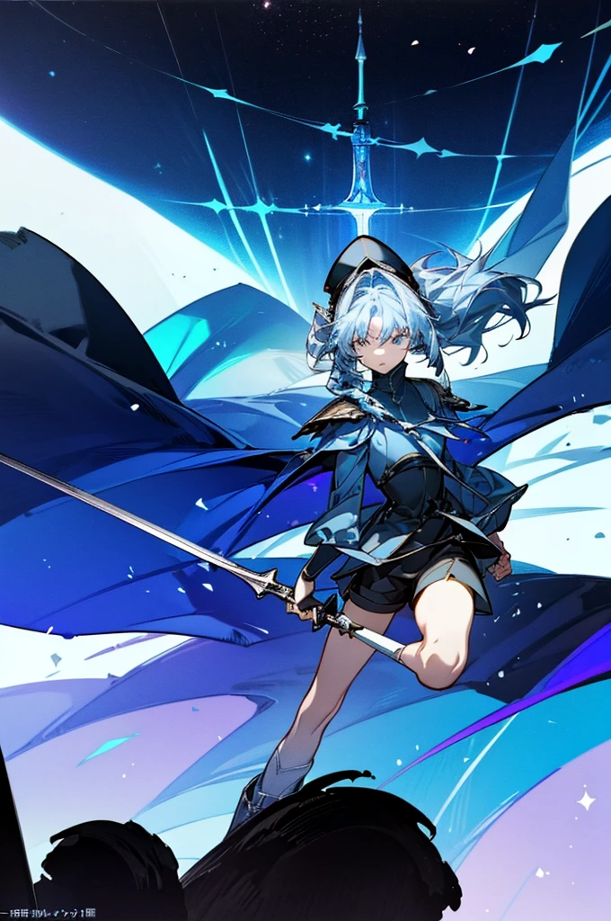 ((science fiction space fantasy)), A badass tall woman, (A female commander), ((a leader of a fleet of intergalactic armies)), White high ponytail with a glowing light blue highlights at the ends, Wielding a sword with deep blue aura, the mystical blade in her hand emitting a bright contrast blue light with a ray of energy, a futuristic intergalactic military uniform, Wearing Black shorts exposing the thighs, with a captain hat, a long simple dark boots. A masterpiece illustration, a light novel cover, best quality, best detail(Light novel illustrations), Arknights style, masterpiece, high quality, detailed.