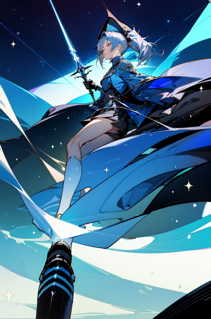 ((science fiction space fantasy)), A badass tall woman, (A female commander), ((a leader of a fleet of intergalactic armies)), White high ponytail with a glowing light blue highlights at the ends, Wielding a sword with deep blue aura, the mystical blade in her hand emitting a bright contrast blue light with a ray of energy, a futuristic intergalactic military uniform, Wearing Black shorts exposing the thighs, with a captain hat, a long simple dark boots. A masterpiece illustration, a light novel cover, best quality, best detail(Light novel illustrations), Arknights style, masterpiece, high quality, detailed.